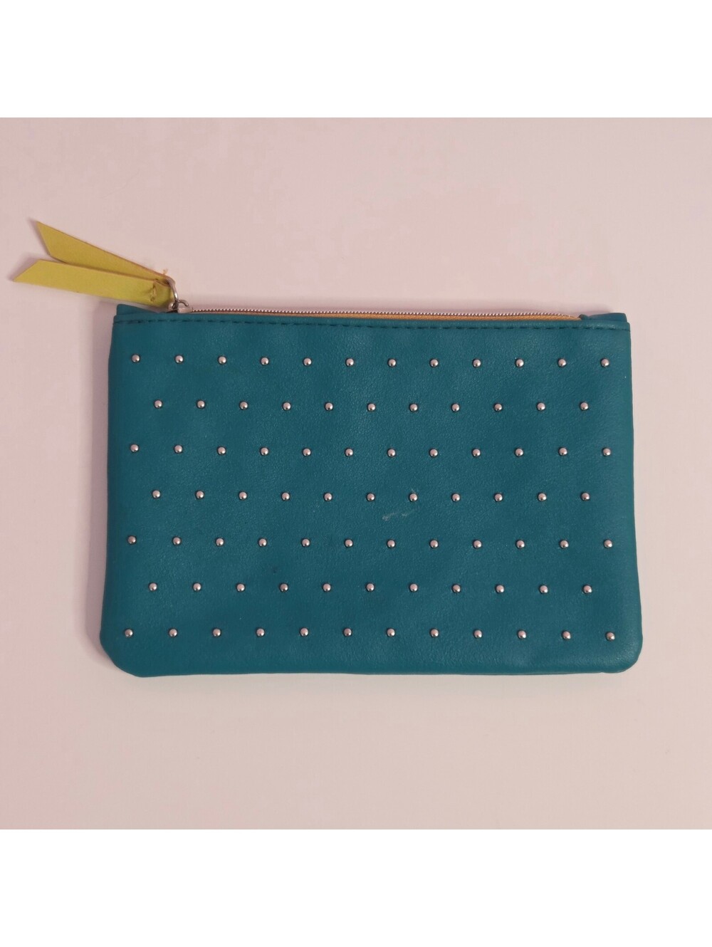 Elegant Silver Studded Teal Faux Leather Makeup Bag with Yellow Lining